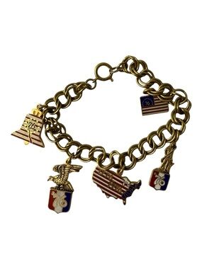 Vintage 1976 Bicentennial Charm Bracelet USA Patriotic Gold Tone 70s
